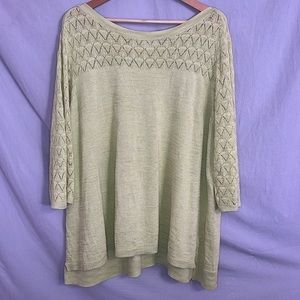 CJ Banks Chartreuse Green Open Knit Yoke and Sleeve, Tunic Sweater in 3X